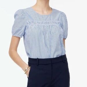 J. Crew Blue and White Striped Smocked Blouse